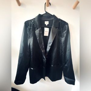 Black Cami silk blazer with lace shoulders